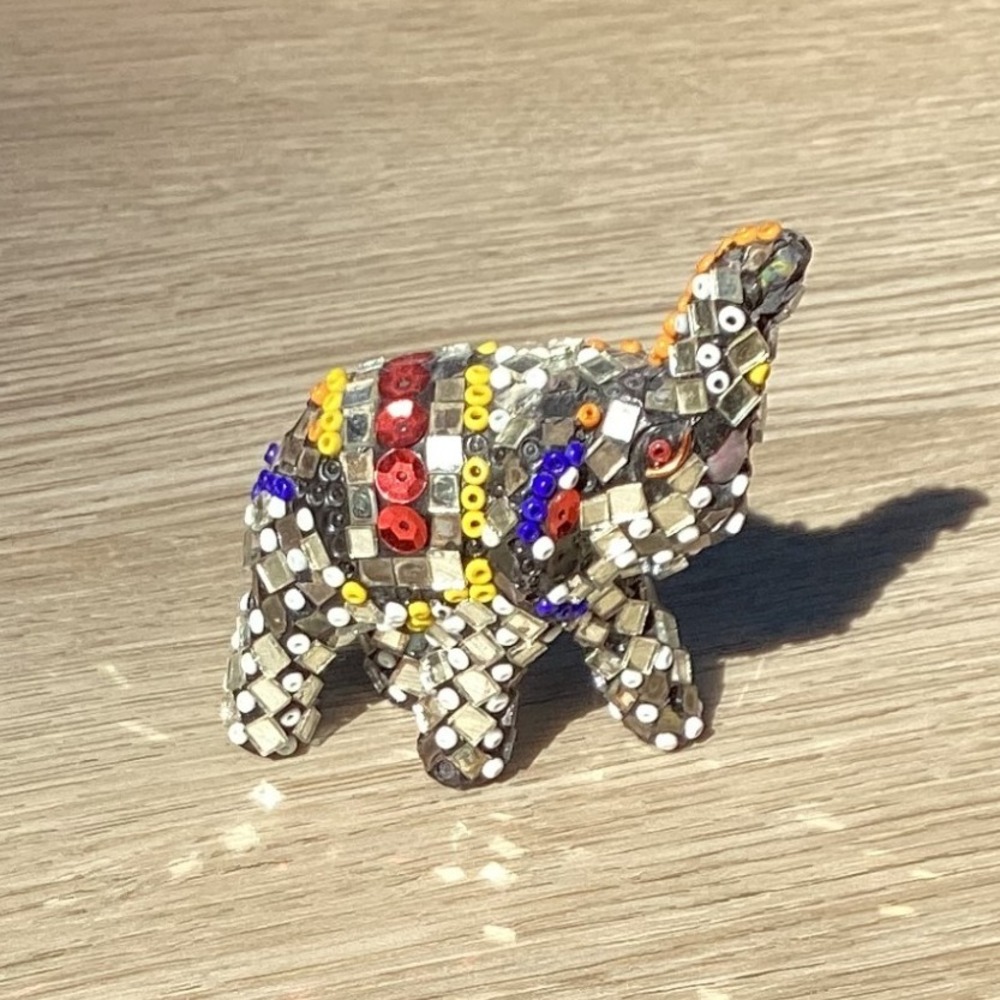 Sparkling Mosaic Elephant Figurine with Mirror‎ Accents and Colorful Beads